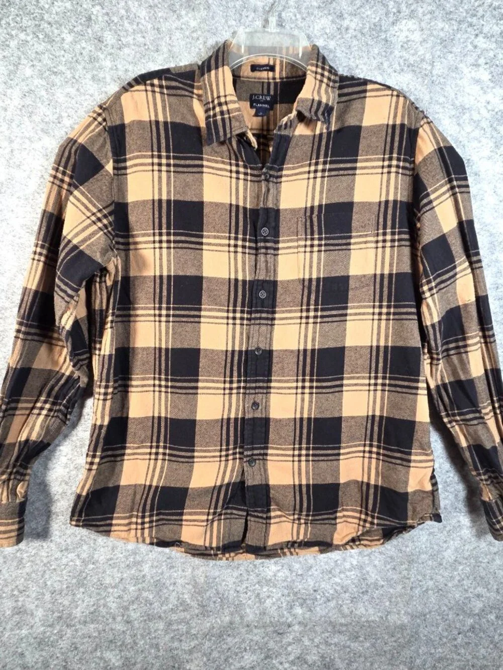 J.Crew Men's Flannel Shirt Large Tan Black Tan Plaid Button Down Cabin Gorpcore